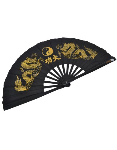 Eventail Tai Chi Double dragon noir et or Eventail Tai Chi Double dragon noir et or