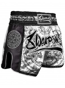 Short Muay thaï 8 Weapons Carbone Sak Yant Tigers blanc