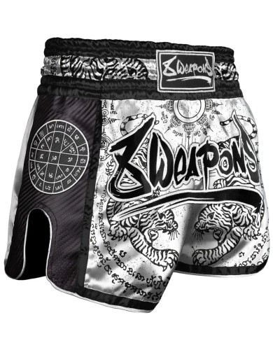 Short Muay thaï 8 Weapons Carbone Sak Yant Tigers blanc